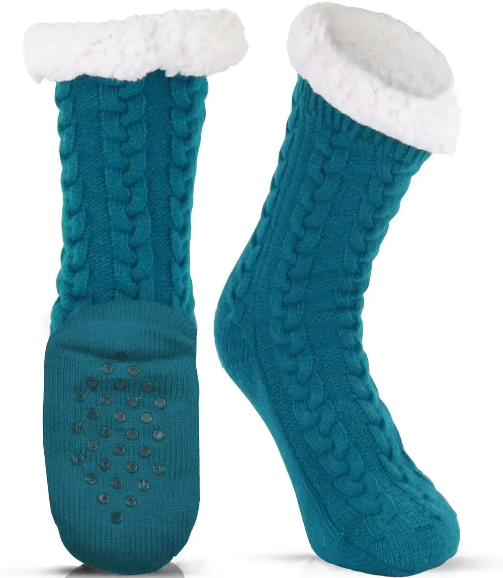 Luthra Pike Womens Slipper Socks Teal Cable Knit Sherpa Lined Non Slip Gripper